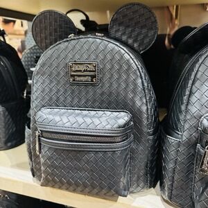 Disney Parks Loungefly Black Woven Faux Leather Mickey Mouse Ears Backpack NWT